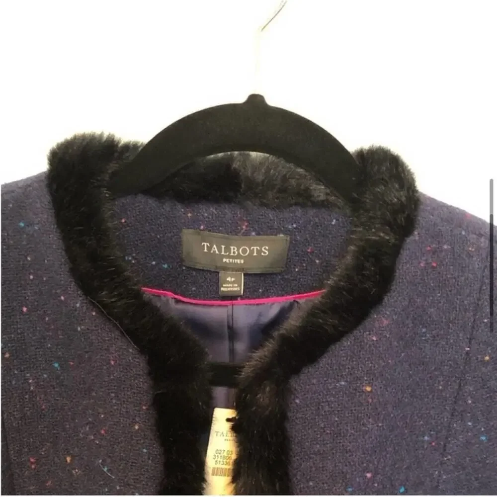 NWT Talbots Navy Tweed Faux Fur Trim Jacket - Picture 5 of 9